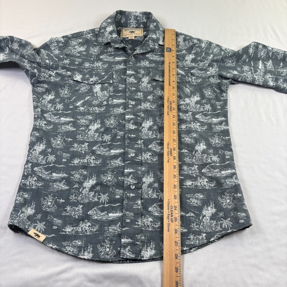 Western Aloha Shirt Mens Medium Gray Pearl Snap Up Cowboy Long Sleeve Island - Picture 6 of 10
